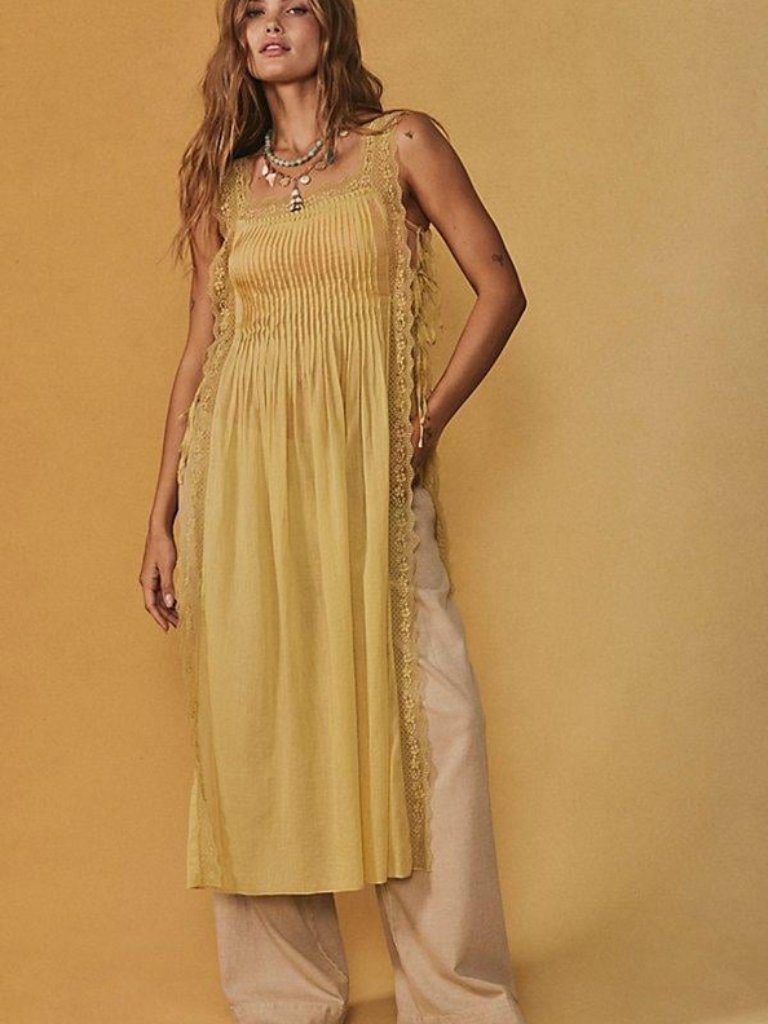 Free People Loren Apron Maxi Top Dried Moss Side Ties Lace Sheer M